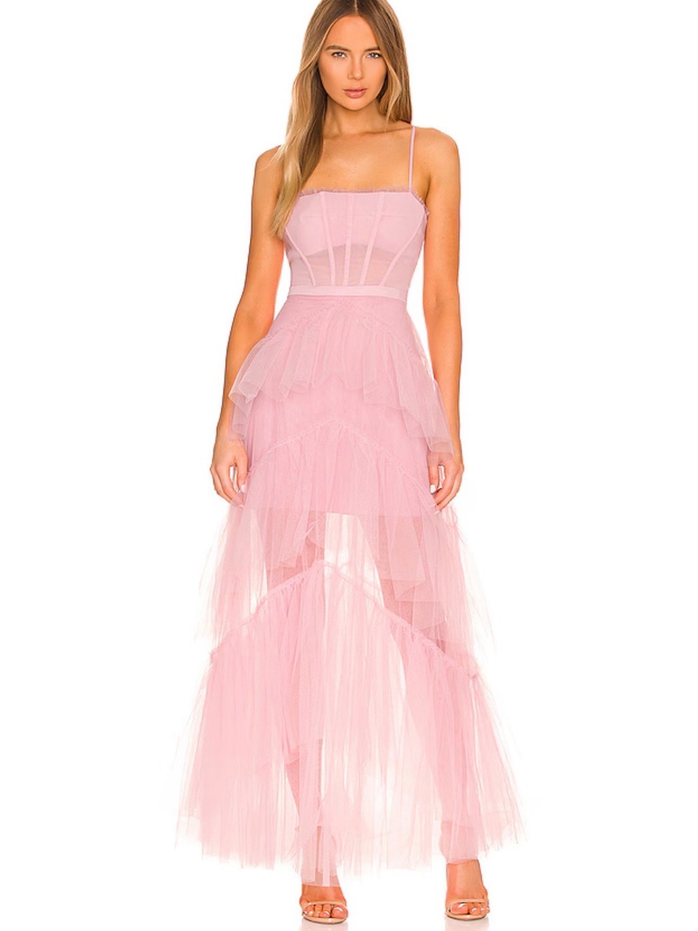BCBGMaxAzria Pink Tiered Tulle Maxi Gown